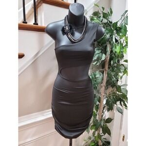 Women's Solid Black Polyester One Shoulder Off Casual Knee Length Dress Small